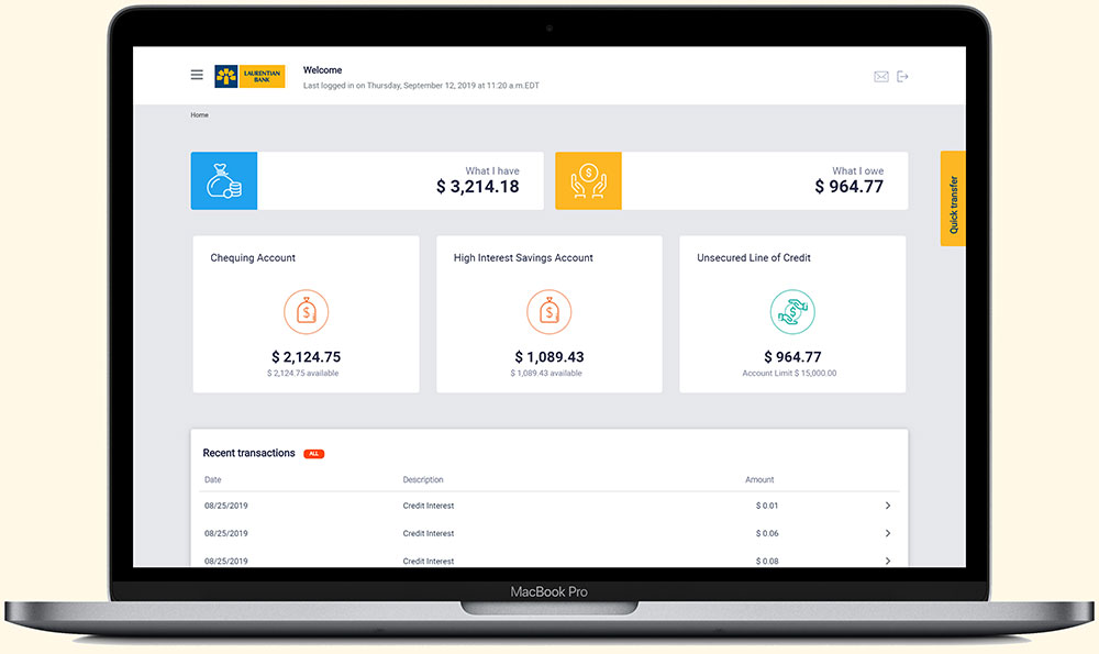 Écran d'ordinateur portable montrant la banque en ligne BLC numérique 